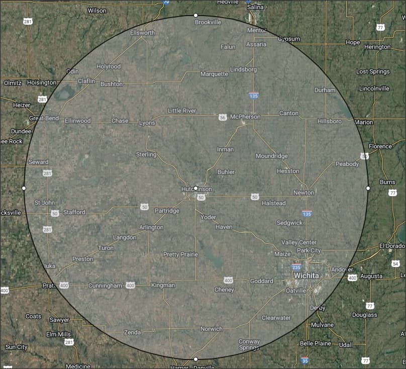 Primary service area radius map centered on Hutchinson, Kansas